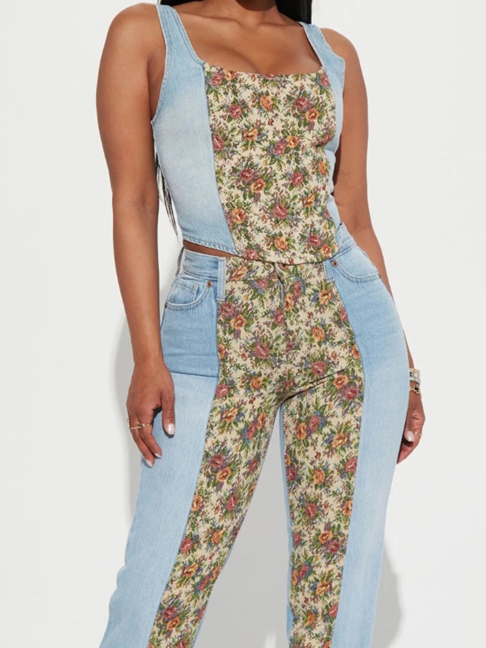 Cottagecore Festival Boho Mixed Denim Tapestry Corset Top